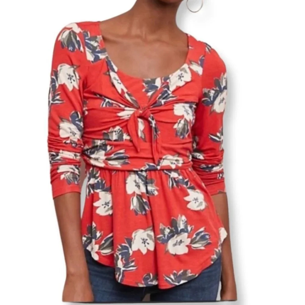 Anthropologie Red Floral Tie-Front Long Sleeve Top